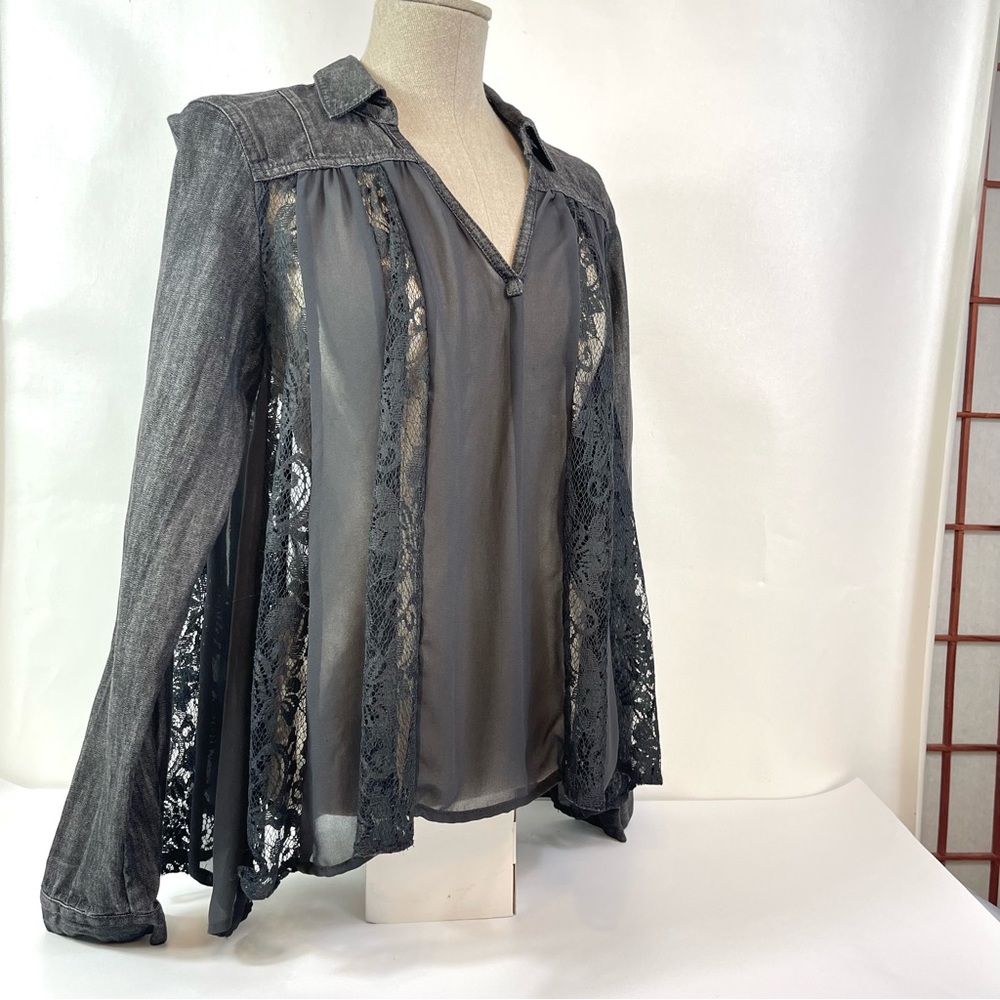 Free People Denim Lace Swing Top Long Sleeve Blouse S Small